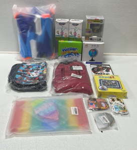 (1) 2-pcs Water Guns, (2) Lawn Sprinkler Animal, (1) Water Spray Toy, (1) Table Too World Globe, (1) POP MOVIES Action Figure TMNT, (1) Children&rsquo;s Backpack,(1) Children&rsquo;s Snow Pants, (1) Educational Tummy Time Pad, (1) NHL Play Station 2 Game
