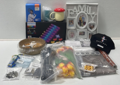 (1) Smart Wall Light, (1) FAMILY Picture Frame Wall Decor, (1) 3-pcs Window Set, (1) Bunch of Faux Flowers, (1) Brick Printed Wall Paper, (1) Shower Curtain, (1) Tooth Brush Holder, (1) Kitchen Tool Set, (1) 100-pcs Air Fryer Liners, and More