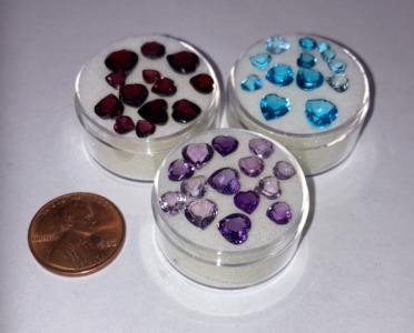 (12) 3-5mm Aquamarine Heart Cut & Faceted, (13) 3-5mm Amethyst Heart Cut & Faceted, (12) 3-5mm Red Garnet Hearts