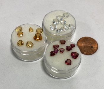 (7) 3-5mm Citrine Heart Cut & Faceted, (20) 3-5mm Clear Heart Cut & Faceted, (9) 3-5mm Red Garnet Hearts