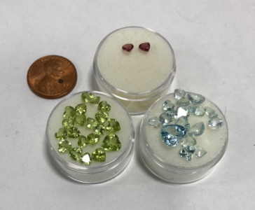 (20) 3-4mm Peridot Hearts Cut & Faceted, (20) 3-4mm Aquamarine Heart Cut And Faceted, (2) 3mm Red Garnet Hearts