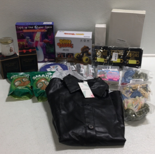 (1) LED Light up Ghost Yard Decorations (1) Makemechic Faux Leather Womens Size L Jacket (2) Best Wishes Scented Candles (1) Dinotruck Kids Toy (3) 2 in 1 4d mascara and Everything Else Pictured !!