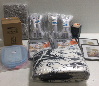 (2) 3-Bin Storage Containers (2) Mesh Bathroom Baskets (1) Dinglillighting Pendant Light Fixture (1) Pinbeam 3&rsquo; x 5, area rug (6) Zalik Suction Shower Handles (1) Comfy Bath Mat