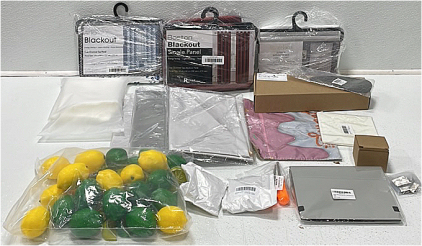(1) Blackout Curtain; Floral, 54&rdquo;x84&rdquo; Panels (1) Blackout Curtain; Red, 52&rdquo;x84&rdquo; (1) 3-pcs Window Set; White, Tiers 27x36&rdquo;, Valance 54&rdquo;x15&rdquo; (1) Throw Pillow Covers (3) Sensory Mats (1) Decorative Lemons and Limes and More Home Decor