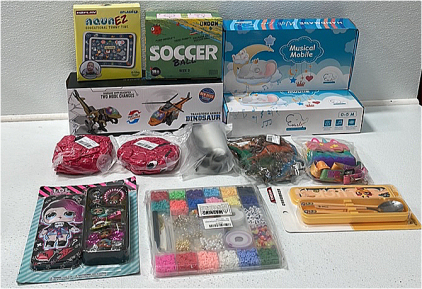 (2) Music Mobile (1) Transform Armed Dinosaur Toy (1) Soccer Ball Size 2 (1) Educational Tummy Time Mat (2) Plush Toys (1) Kite String (1) 6-pcs Dinosaur Figurines (1) Childs Ramen Set (1) Beads For Jewelry Making Kit (1) LOL Suprise Hair Set