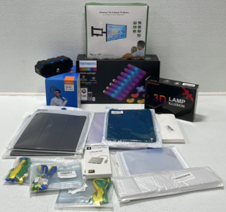 (1) Smart Wall Light (1) 3-D Lamp (1) Altec Bluetooth Speaker (1) Tilt and Swivel Tv Mount (2) Ink Cartridges for Printer (4) Various Tablet Cases (2) USB-C HDMI Adapter (1) LED Strip Light Connectors (3) Name Tag Holders w/ Lanyards