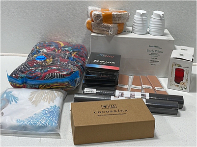(1) Enerplex Body Pillow (1) Sofa Cushion (2) LED Color Changing Wax Melter (2) Leather Repair Tape (2) White Soap Dispensers (2) 3-pcs Bamboo Plates (3) Mask Making Kit (1) Shower Curtain (1) Cocorr&iacute;na Scented Candles