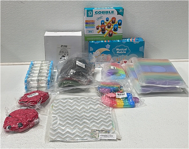 (1) JOYIN Garden Tool Set (1) Musical Mobile (1) Gobble Game (1) 24-pcs Toy Baby Bottles (1) Super Hero Masks (5) Pop-it Toys (1) 3-pack Baby Bibs (2) Plush Toys