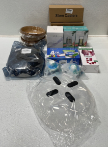 (3) 4-pcs Stem Caster Wheels (2) 100-pcs Air Fryer Liners (1) Magnetic Microwave Splash Guard (1) 150-pcs 4-gall Trash Bags (1) Zip Slicer (2) Collapsible Water Bottle (1) Glass Mug (2) Glasses