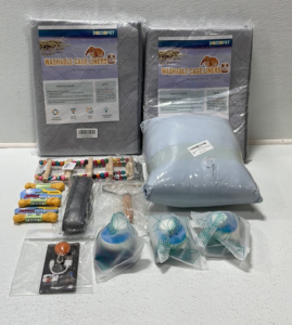(2) Washable Cage Liners/ Pet Box (1) Donut Pet Bed (1) Bird Ladder (3) Zombie Bark Bone (1) Padded Sog Collar (1) Lint Removal Brush (3) Collapsible Water Bottle (1) Rechargable Dog Collar Light