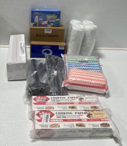 (2) Stem Caster Wheels (2) 100-pcs Disposable Cup Lids (1) 12-pack Dish Cloths (2) Kitchen Tool Set (1) 150-pcs 4-gallon Trash Bags (1) Stainless Steel Hose (2) Cooking Paper (1) Neck Roll Pillow