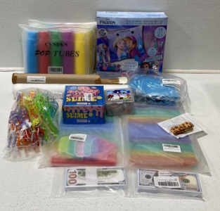 (1) Frozen Beauty Salon Set (2) 5-pcs Pop Tubes (3) Unframed Canvas Wall Art (1) 4-pack Slime Set (1) Pool Toys (2) Prop Money (2) POP IT Pads and More
