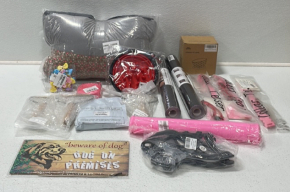 (1) Canopied Cat Bed (1) Slow Feeder Bowl (1) Ceramic Pet Bowl (3) Collar Teasers (4) Lint Removal Brushes (1) Slow Feed Mat (2) Leather Repair Tape (1) Dog Muzzle (1) Dog Sign and More