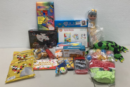 (1) TinLeon Foam Dart Blaster, (1) Butterfly Edufields Preschool Educational Jigsaw Puzzle, (2) Moc Blocks, (1) Stuffed Frog, (1) Eva Ejection Plane, Balloons W/ Pump, (1) Electric Bubble Gun, (2) Packs Of 18 Golf Ball Size Wiffle Balls, Megamind DVD +