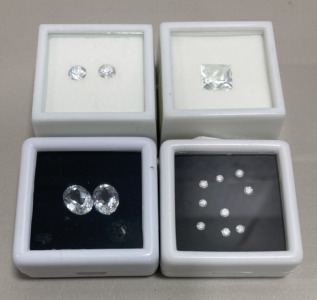 (9) .09ct Total White Diamonds Round Cut And Faceted, (2) 2.10ct Total 6mm White Zircon Round Cut And Faceted, (2) 3.5ct Total 10x8mm OV Golconda Kunzite Cut & Faceted, (1) 4.50ct 10x10mm PC White Beryl