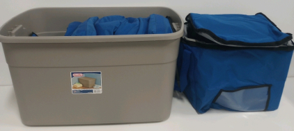 (5) Sterno Blue 15”x15” x14” Insulated Milk Crate/Food Delivery Bags (1) Sterilite 30-Gallon Tote