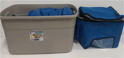 (4) Sterno Blue 15”x15” x14” Insulated Milk Crate/Food Delivery Bags (1) Sterilite 30-Gallon Tote