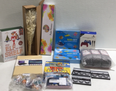 (1) IPad Case Wireless Keyboard (1) Elf On The Shelf Set (12) Frozen Movie Cake Toppers (1) Pair Coasion Eyeglasses (2) Kids DIY Paper Plates Craft kits (3) Premium Eye Lash Sets and Everything Pictured!!