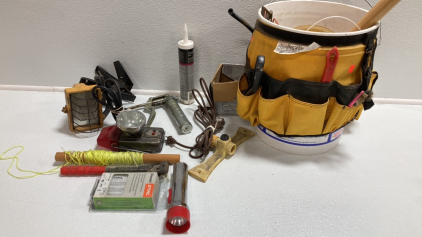 Various Shop Tools and Bucket w/ Tool Caddy