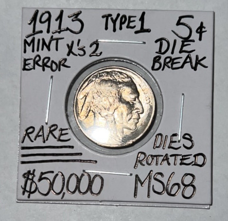 1913 MS68 Rare Type One Mint Error Buffalo Nickel