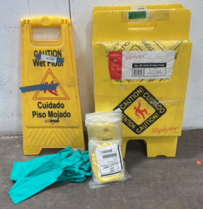 (1) Wet Floor Caution Sign, (40) Slipfyter HiVis Sorbent Pads, (12) Pairs Small Yellow Rubber Gloves, (4) Pair Large Green Rubber Gloves