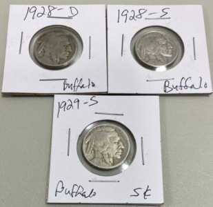 (3) Buffalo Nickels 1928D/1928S/1929S