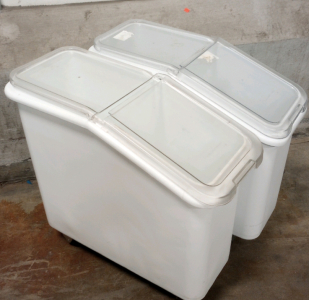 (2) Rubbermaid 2.8 cubic ft. Mobile Food Storage Totes With Wheels