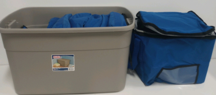 (4) Sterno Blue 15”x15” x14” Insulated Milk Crate/Food Delivery Bags (1) Sterilite 30-Gallon Tote