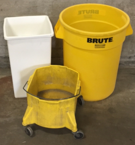 (1) Rubbermaid Brute 55-Gallon Round Trash Can (1) Tall Kitchen Trash Can (1) Mop Bucket (1) Box Of High Density Polyethylene Bags