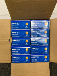Box of Ambitex Blue Powder Free Vinyl Gloves
