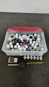 Tub of Paints & Paint Brushes