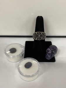 (2) Gemstones, Size 8 Ring, and Carved Crystal Skull