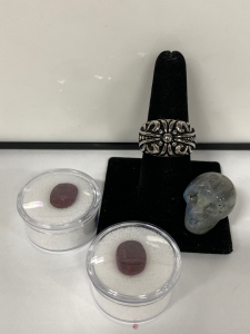 (2) Gemstones, Size 8 Ring, and Carved Crystal Skull