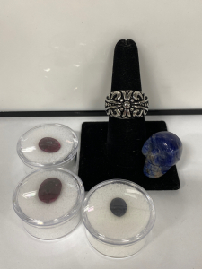 (3) Gemstones, Carved Crystal Skull and Size 8 Ring