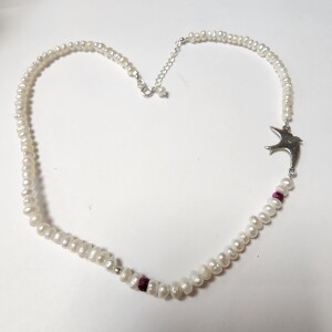 Silver Ruby And Fresh Water Pearl 16" Necklace
