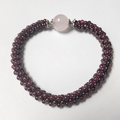 Silver Garnet And Rose Quartz Flexible Bracelet