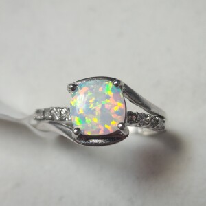 Silver Created Opal And Diamond Ring