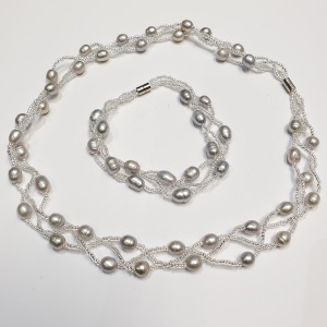 Silver Fresh Water Pearl Necklace (18") & Bracelet (7.5") With Magnetic Clasp Set