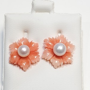 14K Fresh Water Pearl & Poly Coral 2 In 1 Earrings