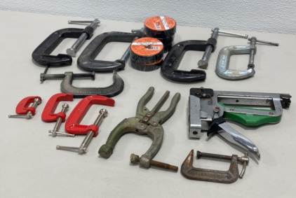 (9) Heavy Duty C Clamp Steel Frame, (1) Sqeeze Action Clamp, (1) Duo Fast Stapler, (5) Rolls Of Electrical Tape