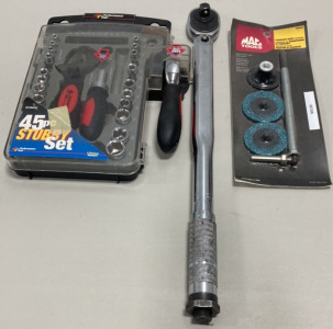 (1) Torque Wrench, (1) Performance Tool Stubby Wrench/Socket Set, (1) Thermostat Gasket Remover