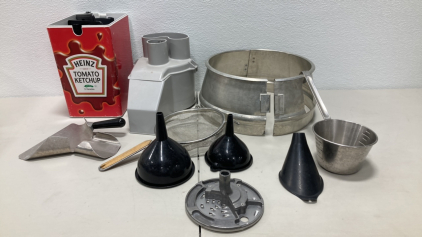 (1) Heinz Tomato Ketchup Dispenser, (1) Top For Hobart Mixer Bowl, (1) Grater Attachment, (1) French Fry Tool, (1) Strainer, (1) Soup Ladle +