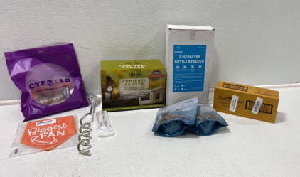 (1) Squirrel Feeder, (1) Vannon 2 In 1 Bottle & Feeder, (1) Fancy Feast Cat Food Pack, and more