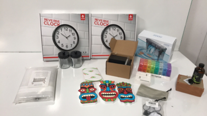 (2) Clocks, Fish Water Filter, (2) Jars, Curtain and more