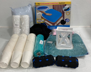 (2) Bluetooth Speakers, Travel Cups With Lids, Toilet Seat Cover, Napkin Holder, Support Cushion, Couch Seat Cover and More