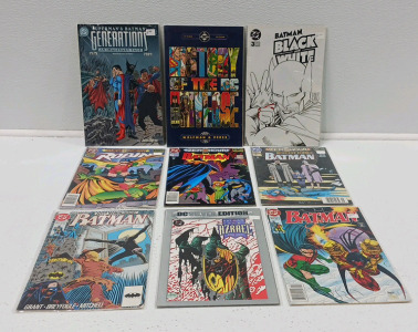 (9) Batman Comic Books Including Batman Black And White, History Of The DC Universe And Others