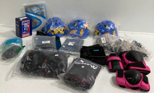 (3) Child Helmets, (3) Pairs Of Leg Gators, Picnic Blanket, (2) Knee Pad Sets, Bobble Head, Back Brace and More