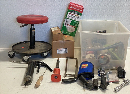 (1) Fuel Filter (1) Rolling Mechanics Stool (1) PerforMax Toilet Repair Kit and Bin of Various Tools and Parts for Cars and Home Improvement
