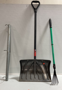 (1) Steel Core Snow Shovel (1) Adjustable Height Rake (1) Tool Hanging Hook