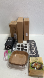 (1) Set Of 6 White Mugs (1) Plastic Wrap Dispenser (1) Ziplock Bag Organizer (1) Black Labels For Pantry (1) Black Sink Mat (1) Air Fryer Liners (1) Scrubbers and More Kitchen Items